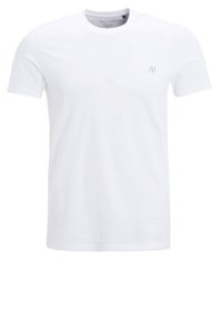 T-shirt bianco in cotone con maniche corte, scollatura rotonda e un sottile logo grigio sul petto. Texture liscia, design semplice, vestibilità standard.