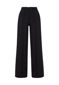 Pantaloni negri cu talie înaltă și croială largă, cu cusături frontale, bucle pentru curea și închidere cu nasture în talie.