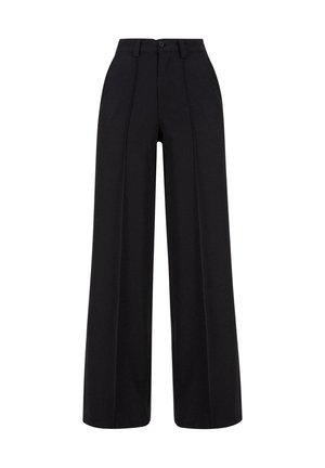 Schwarze High-Waist-Hosen mit weitem Bein, vorderen Nähten, Gürtelschlaufen und Knopfverschluss am Bund.