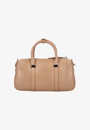 Beige læderhåndtaske med struktureret krop, to afrundede håndtag og kontrasterende sorte hardware-detaljer. Har lynlås og sidelomme.