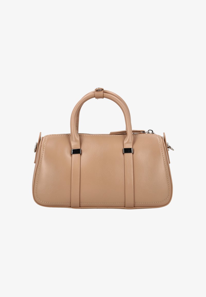 Beige Lederhandtasche mit strukturiertem Körper, zwei abgerundeten Griffen und kontrastierenden schwarzen Metallakzenten. Verfügt über einen Reißverschluss und eine Seitentasche.