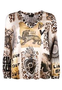 Long-sleeve blouse featuring a V-neck, mixed prints including a tiger and floral designs, gold and black accents, with a smooth, lightweight fabric.