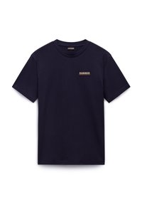 Marineblå bomulds T-shirt med rund hals, korte ærmer og et lille logo-patch på venstre bryst. Glat tekstur, enkelt design.