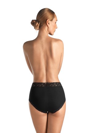 Hochgeschnittene schwarze Unterhose mit einem dekorativen Spitzenbund und einem weichen, glatten Stoff, der eine vollständige Abdeckung bietet.
