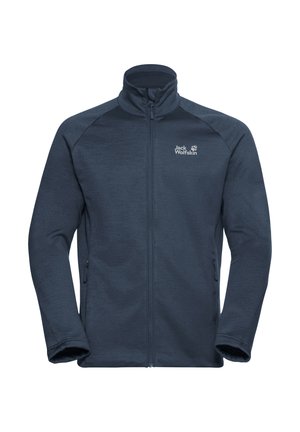 Donkerblauwe fleece jack met een staande kraag, rits aan de voorkant en twee zijzakken. Bevat een logo dat aan de bovenkant van de linkerkant is gedrukt.