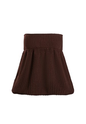 Gonna lavorata a maglia marrone con cintura a coste e silhouette fluida. Il tessuto presenta una trama texturizzata e una finitura morbida.
