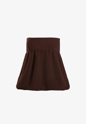 Falda de punto marrón con cintura acanalada y silueta fluida. La tela tiene un tejido texturizado y un acabado suave.