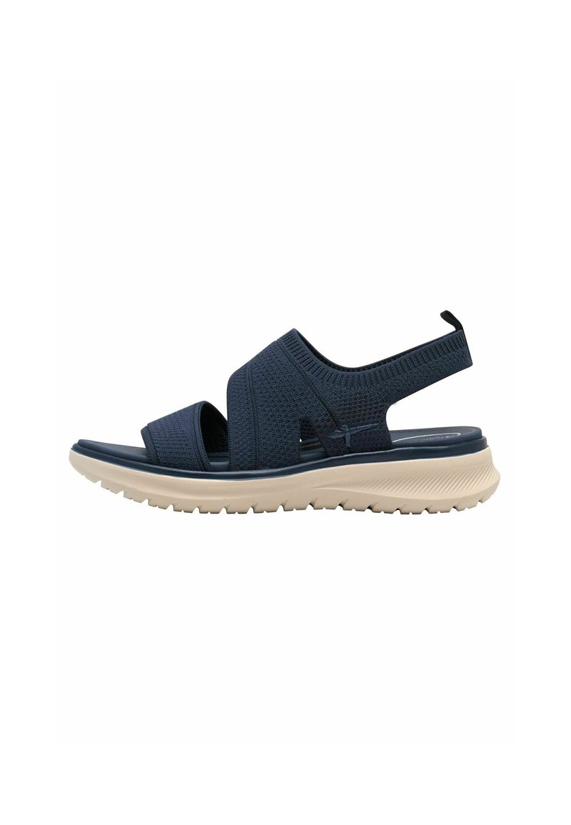 Dunkelblaue Sandale mit strukturiertem Obermaterial, elastischen Riemen, verstellbarem Fersenbereich und leichter Gummisohle mit Profilmuster für besseren Halt.