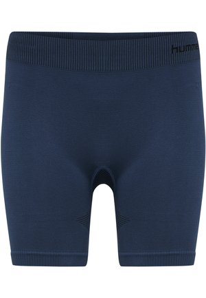 Navy athletic shorts with a ribbed waistband and mesh insert at the front. Smooth texture and mid-thigh length for added mobility.