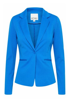 Modrý dobře padnoucí blazer vyrobený z texturované tkaniny. Má klopový límec, zapínání na jeden knoflík a dvě přední kapsy s diskrétním šitím.