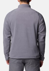 Grau Fleece-Jacke mit hohem Kragen, gerippten Bündchen und flachen Nähten. Weiche Textur und einfaches Design, geeignet zum Überziehen.