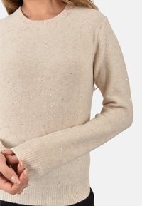 Maglione beige in tessuto a maglia con un leggero luccichio, scollatura a girocollo, polsini e orlo a coste, con dettagli argentati sparsi.