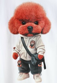 Figura de peluche caricaturesca con pelaje rojo, vistiendo una sudadera beige con parche de oso, pantalones grises con parches de oso y zapatillas beige.
