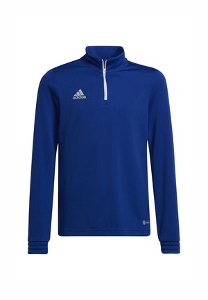 Sudadera deportiva azul de manga larga Adidas con cremallera blanca de un cuarto y logotipo en el pecho, con cuello alto y puños acanalados.