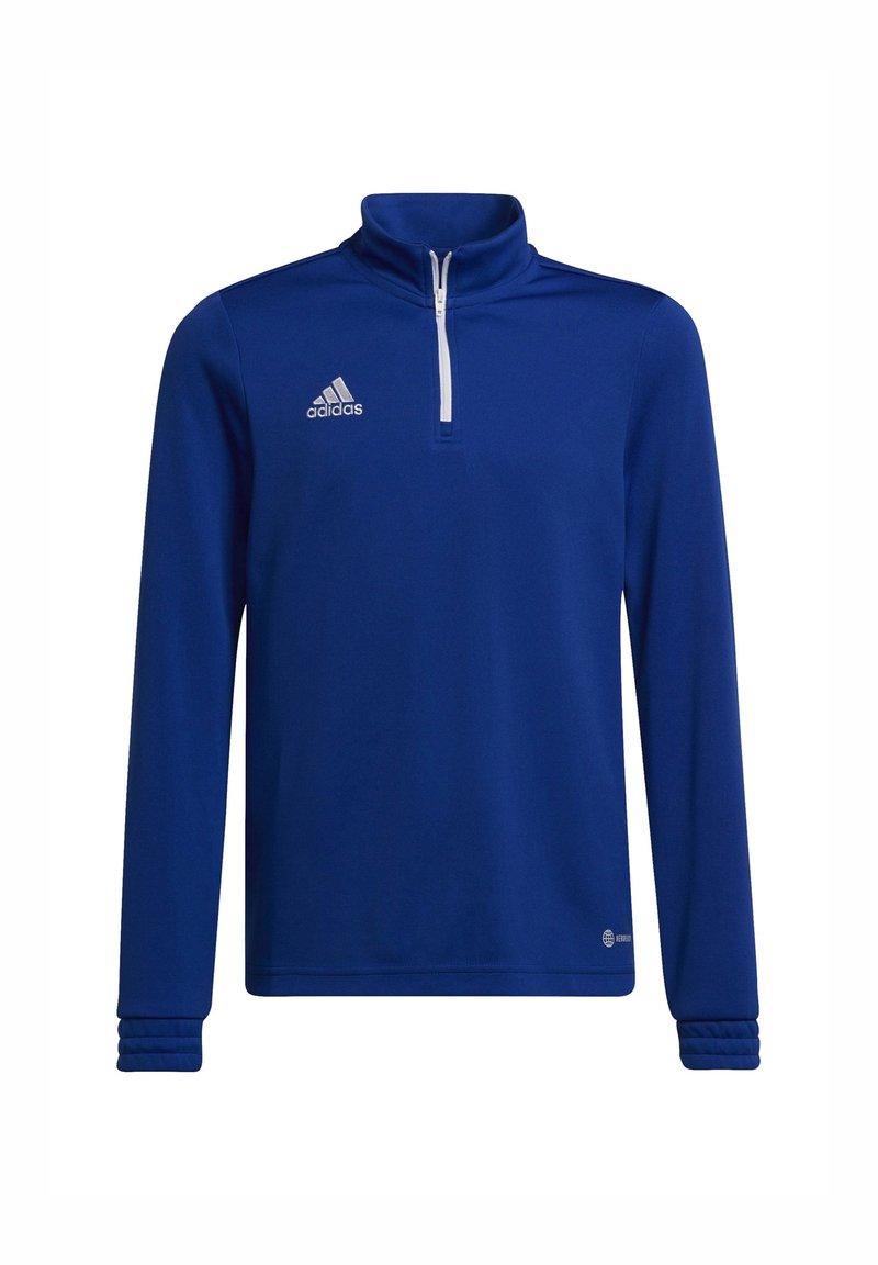 Polo de sport Adidas bleu à manches longues avec demi-fermeture éclair blanche et logo sur la poitrine, doté d'un col montant et de poignets côtelés.