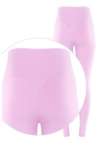 Leggings alti fucsia realizzati in un tessuto morbido e elastico. Presentano un design a scollo sul retro con cuciture a contrasto e un piccolo logo.