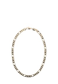 Gouden metalen ketting met afwisselend dikke en dunne schakels, voorzien van een veilige sluiting. Gladde textuur, uniform ontwerp.