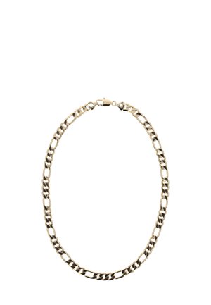 Kette aus goldfarbenem Metall mit abwechselnd dicken und dünnen Gliedern, ausgestattet mit einem sicheren Verschluss. Glatte Oberfläche, einheitliches Design.
