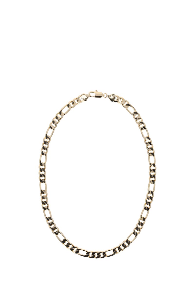 Gouden metalen ketting met afwisselend dikke en dunne schakels, voorzien van een veilige sluiting. Gladde textuur, uniform ontwerp.