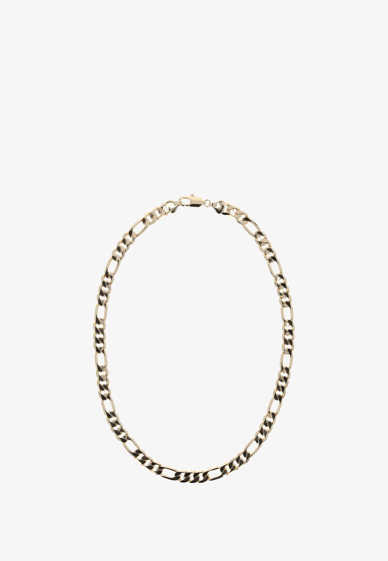 Gouden metalen ketting met afwisselend dikke en dunne schakels, voorzien van een veilige sluiting. Gladde textuur, uniform ontwerp.