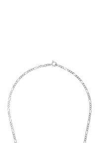 Collar de cadena de metal plateado que presenta formas de eslabones alternados, un cierre de langosta y una textura suave. La longitud es ajustable.