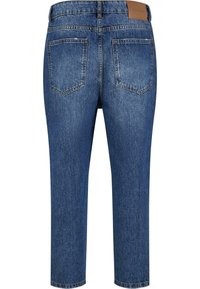 Denim capri farkut keski sinisessä, joissa on siisti viimeistely, kahdella takataskulla ja ruskea nahkapatche vyötäröllä.