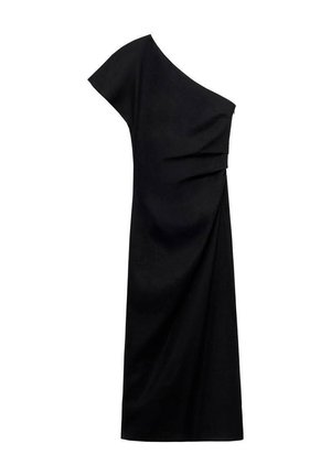 Čierne šaty s jedným ramienkom, ktoré majú drapériu, hladkú textúru, dĺžku po kolená a zaujímavý detail na boku v tvare twistu.