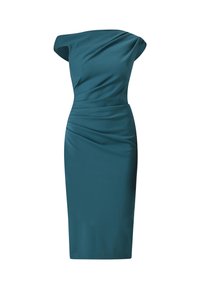 Türkisfarbenes Off-Shoulder-Kleid aus glattem Material, mit Drapierungen am Oberteil und einer taillierten Silhouette, die bis zum Knie reicht.