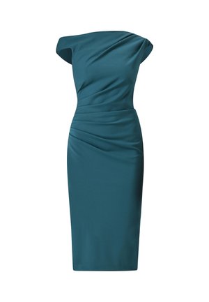 Türkisfarbenes Off-Shoulder-Kleid aus glattem Material, mit Drapierungen am Oberteil und einer taillierten Silhouette, die bis zum Knie reicht.