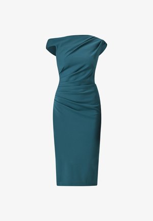 Turf off-shoulder jurk van gladde stof, met draperingdetails op de bovenkant en een getailleerd silhouet dat tot knielang valt.