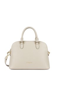 Sac à main en simili cuir de couleur crème, de forme arrondie, avec deux poignées et une bandoulière ajustable. Accents en métal doré.