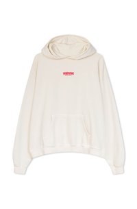 Cremfarbener, übergroßer Kapuzenpullover mit großer Vordertasche, Kordelzugkapuze und in Rot auf der Brust aufgedrucktem "WARNUNG". Weicher Stoff.
