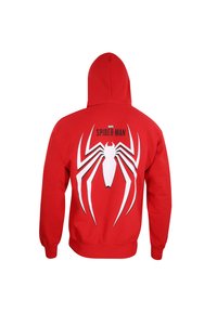 Rød hættetrøje med et stort hvidt edderkoppedesign på ryggen, med teksten "MARVEL SPIDER-MAN" ovenover. Blødt, tykt materiale, lange ærmer.