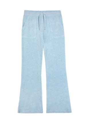 Lichtblauwe uitlopende sweatpants van zacht materiaal, met twee voorkwakken en een elastische tailleband met trekkoord. Subtiele textuur overal.