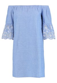 Light blue off-the-shoulder dress with bell sleeves, featuring embroidered floral patterns at the sleeve hems, made of lightweight fabric.