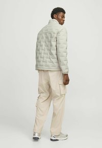 Doudoune grise claire avec un col montant et un motif matelassé géométrique, portée sur un pantalon cargo beige et des baskets argentées.