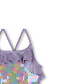 Maillot de bain violet avec un col à volants et des paillettes circulaires iridescentes sur le devant. Les bretelles ajustables améliorent l'ajustement et le confort.