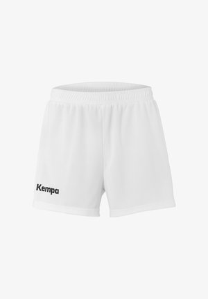 Hvide atletiske shorts lavet af letvægtsstof, med en elastisk talje og "Kempa" logo i sort på venstre side.