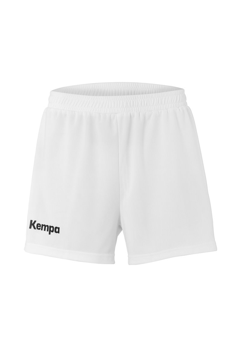 Witte sportshorts van lichtgewicht stof, met een elastische tailleband en het "Kempa"-logo in zwart aan de linkerkant.