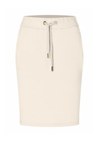 Beige Baumwollmischung-Rock mit elastischem Bund, Kordelzug und goldfarbenen Ösen. Glatte Textur, knielanger Schnitt, ohne Muster.