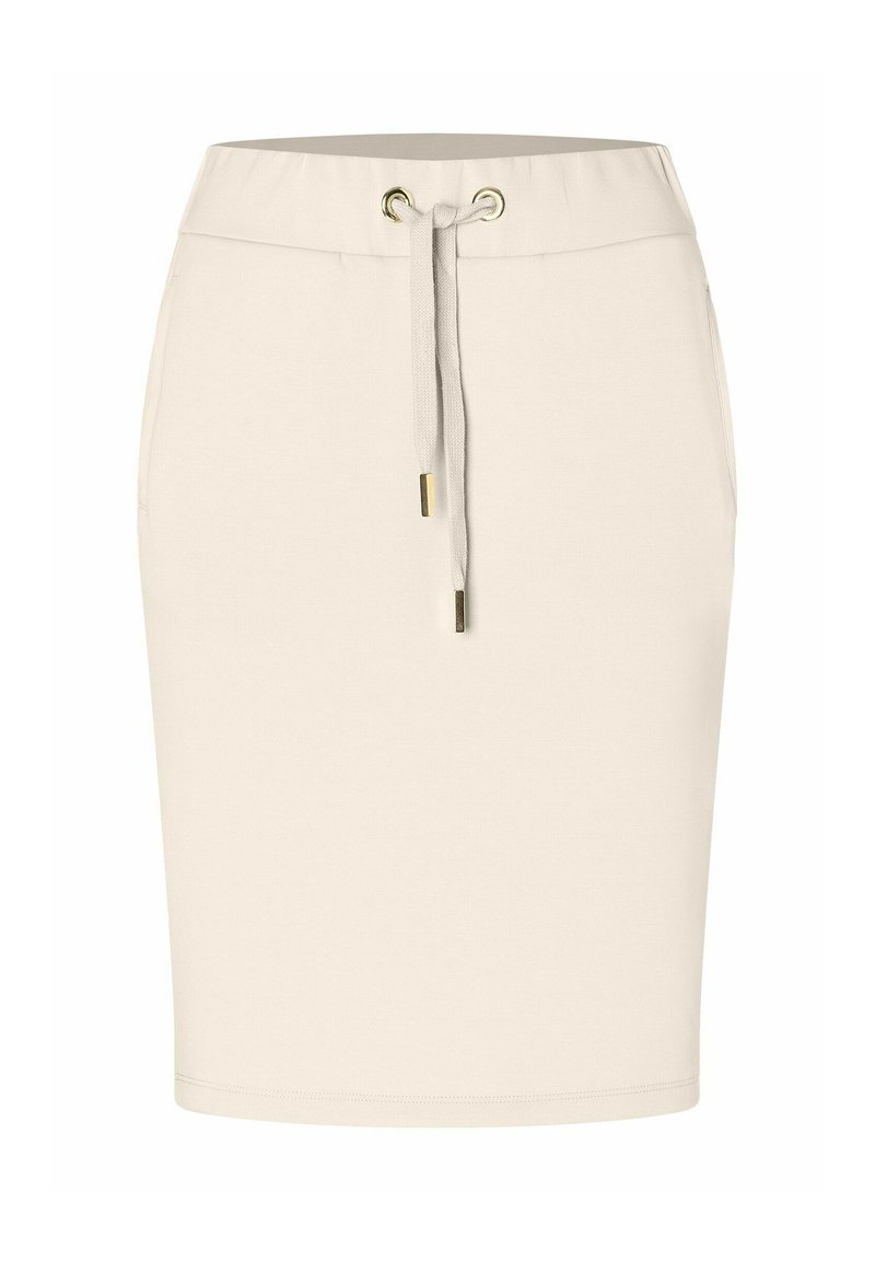 Beige Baumwollmischung-Rock mit elastischem Bund, Kordelzug und goldfarbenen Ösen. Glatte Textur, knielanger Schnitt, ohne Muster.