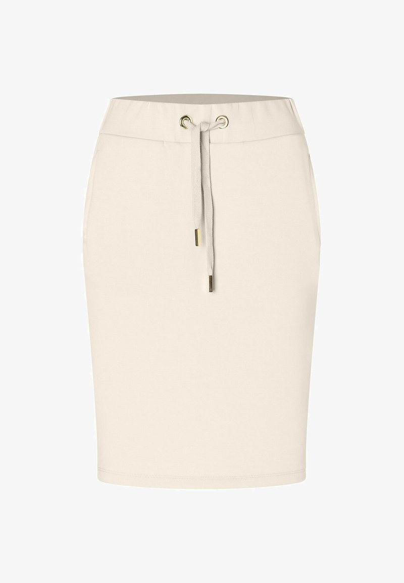 Beige katoenen blend rok met een elastische tailleband, trekkoord en gouden oogjes. Soepele textuur, knielange ontwerp, geen patronen.