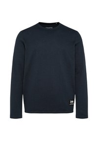 Langärmliges navy-blaues T-Shirt aus weichem Material, mit Rundhalsausschnitt und einem kleinen Logo-Patch unten links.