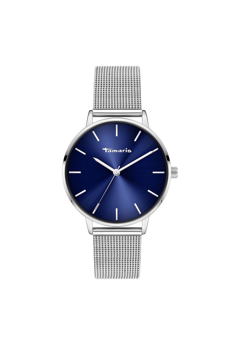 Runde silberne Uhr mit einem blauen Farbverlauf-Ziffernblatt, silbernen Stundenmarkierungen und einem Netz aus Edelstahlarmband. Markenname "Tamaris" angezeigt.