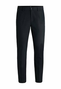 Tailored black trousers made from a smooth fabric, featuring a button closure, two front pleats, and a tapered leg design.