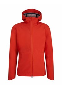 Giacca impermeabile rossa con cappuccio, chiusura frontale con zip e maniche lunghe. Texture liscia con cuciture minime e senza motivi visibili.