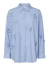 Blue and white striped shirt with a collar, featuring fabric rose appliqués and long sleeves, made from lightweight cotton material.