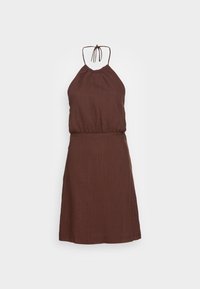 Vestido castanho com alças, possui uma cintura franzida e é feito de um tecido leve. Apresenta uma saia fluida e delicadas alças de laço no pescoço.