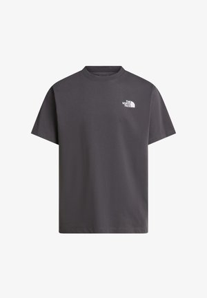 Ciemnoszary T-shirt z krótkim rękawem i okrągłym dekoltem, z małym białym logo The North Face na lewej piersi.