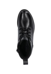 Black leather ankle boot with round toe, lace-up front, side zipper, and textured accents. Smooth finish and reinforced stitching visible.